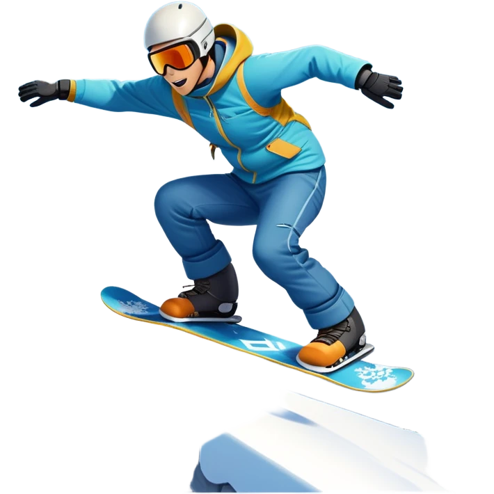 An icon showing a snowboarder performing an exciting jump on a snow-covered slope. The background features towering mountains, snow-covered trees, and a bright, clear sky. Transparent background highlights the speed, agility, and thrill of snowboarding. emoji