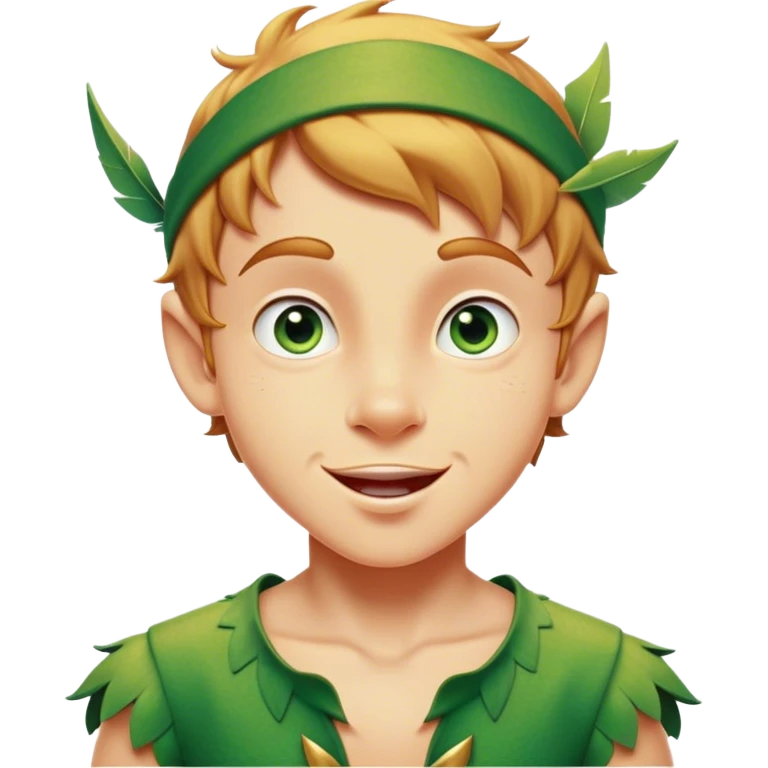 Cinematic Realistic Peter Pan Portrait, head tilted dramatically with an exaggeratedly amused expression, featuring sparkling eyes filled with playful mischief. His iconic outfit is rendered in vivid detail with dynamic shadows, capturing the delightful interplay of bravery and whimsy that defines his timeless character. emoji
