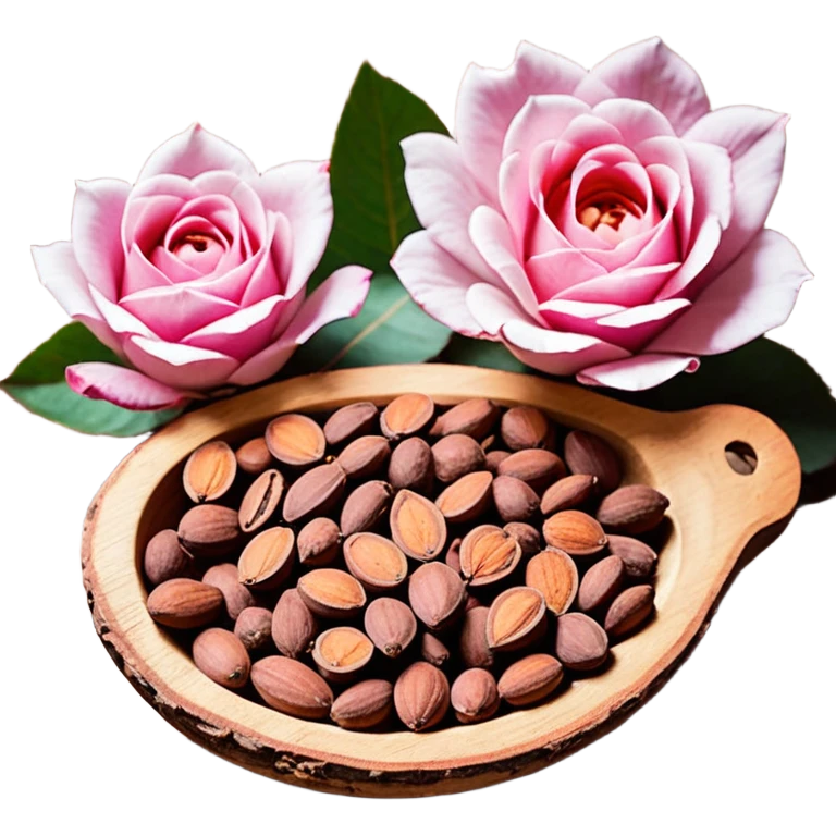 Una miniatura fotorrealista de un trozo de manteca de cacao pura y una pequeña rosa seca sobre una superficie de madera rústica y cálida. La luz debe resaltar la textura de la manteca. Colores: tonos tierra, marrón, terracota y rosa suave. Estilo: plano y orgánico emoji