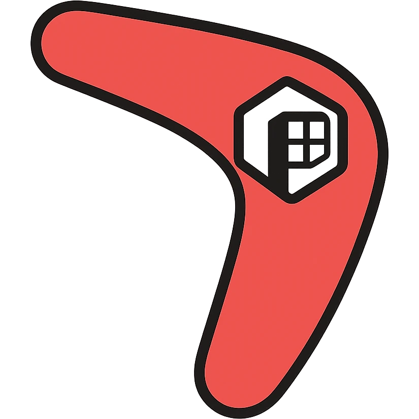 boomerang with Microsoft Power Pages logo, playful and clean, red and white color palette icon emoji