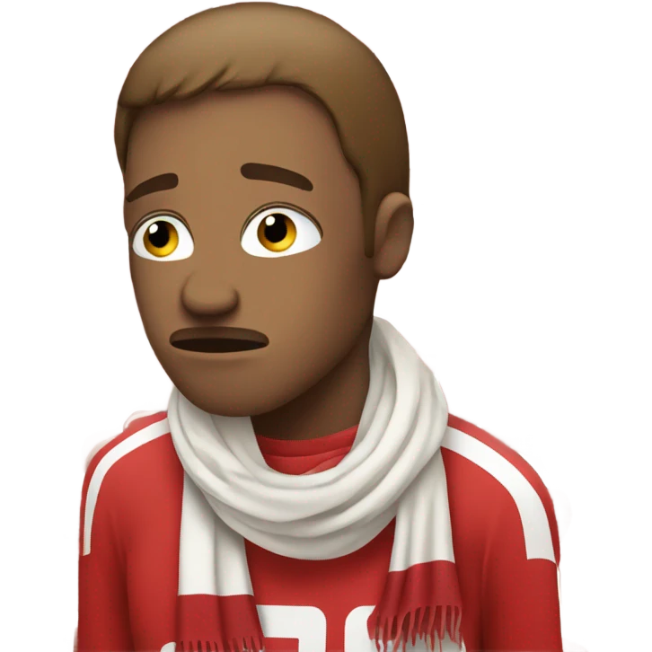 A very sad, crying football fan with a scarf in red and White.  emoji