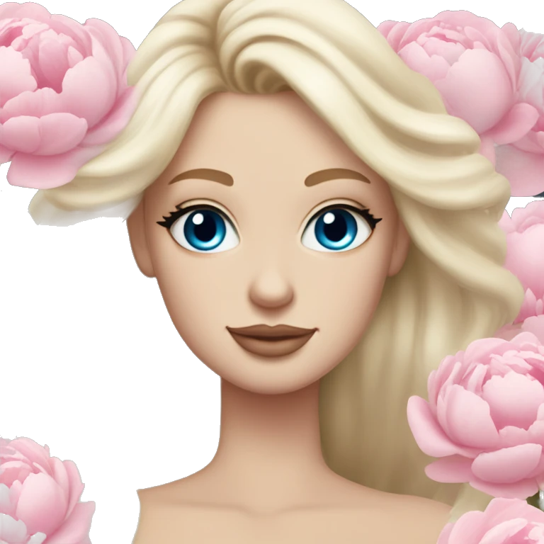 White bride with long light blonde hair and blue eyes with light pink peonies in hair white skin light pink lips emoji