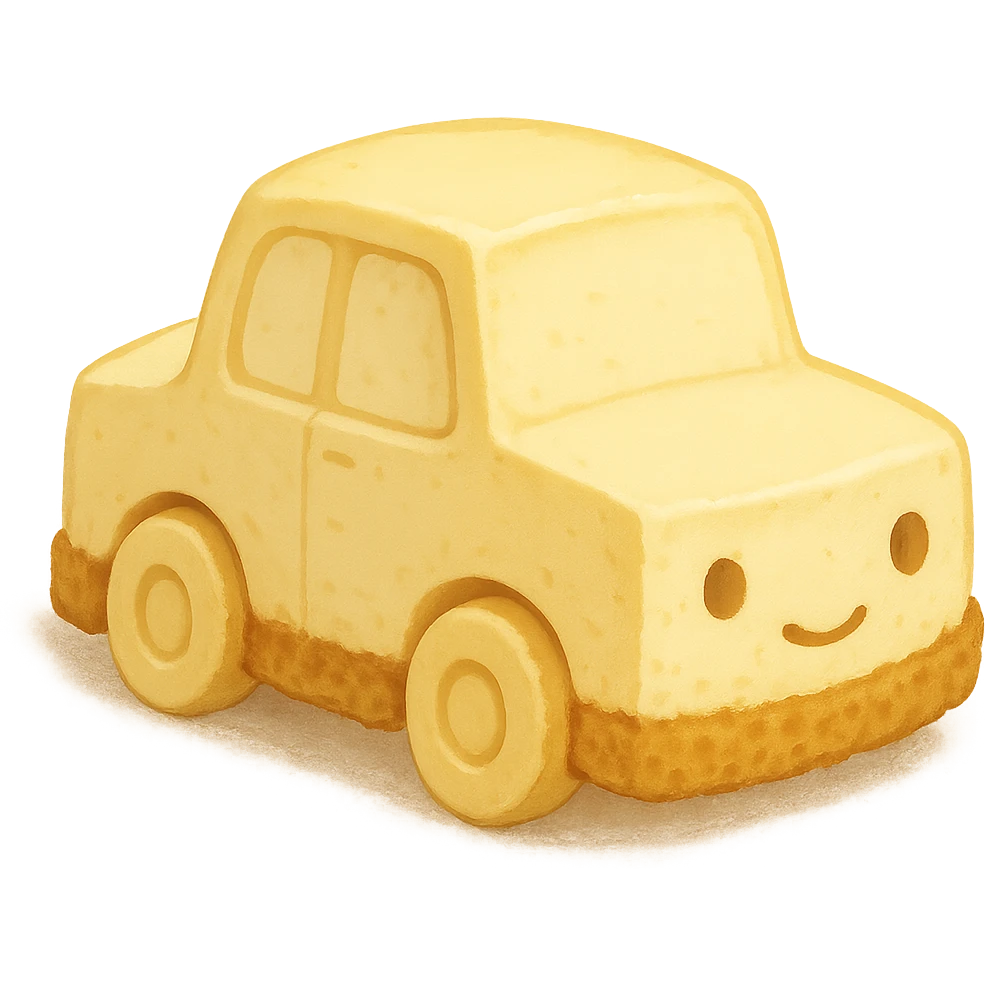 adorable car made entirely of New York cheesecake, with a golden crust base and creamy texture, dessert-inspired, cute and whimsical emoji