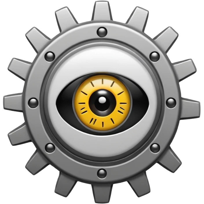 Minimalist emoji-style sticker of a mechanical gear with a realistic eye in the center. Flat graphic icon in grayscale. emoji