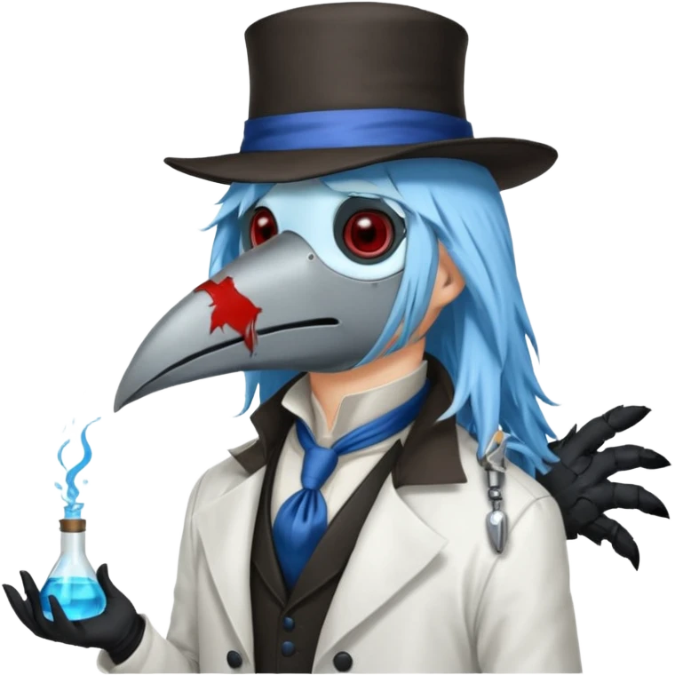 Plague Doctor with light-blue beautiful hair, handsome sexy, long hair tendril bangs down on the sides, white lab coat, blue cravat, black feathers on shoulder, raven companion, black gloves, red eyes emoji