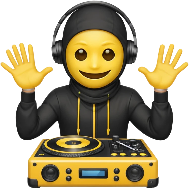 Make a customized yellow head emoji with hands and holding a dj turn table  in a  ninja face mask emoji