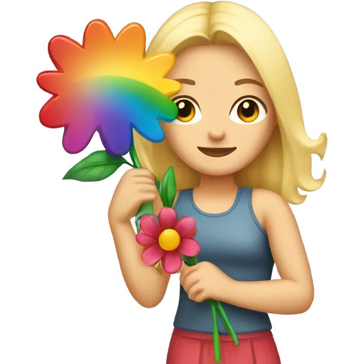 Blonde woman holding flower in front of a rainbow  emoji
