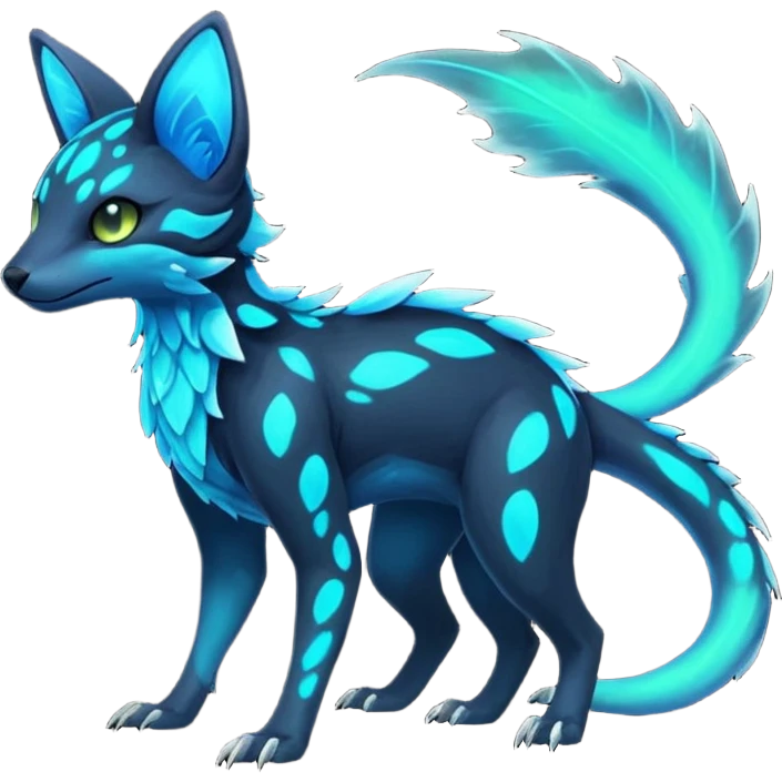 Rare realistic dark-neon glowing bioluminescent edgy badass epic pretty beautiful handsome gorgeous aesthetic colorful vibrant Vernid-Trico-species-Fakemon-creature by LiLaiRa, 4 legs, 1 tail, random markings, (full body) emoji