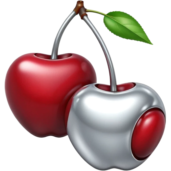 A pair of cherries emoji made of liquid silver chrome, smooth rounded shapes, glossy metallic surface, subtle sensual vibe, luxury sexy aesthetic, iOS emoji style, centered, clean white background emoji