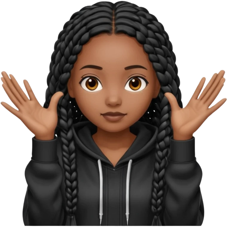 African American dark skin girl with long black box braids wearing a black hoodie with hands together emoji