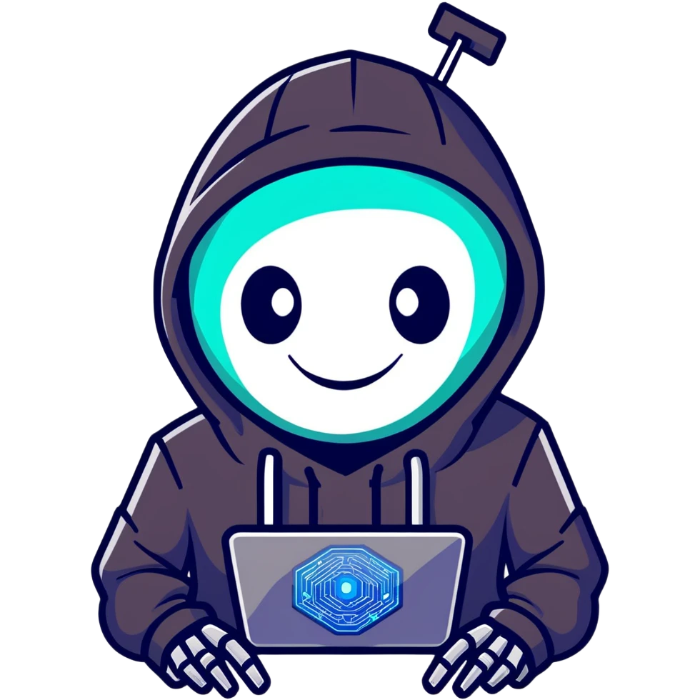 Menacing robot hacker in dark hoodie with glowing screens, digital circuits, malicious smile emoji