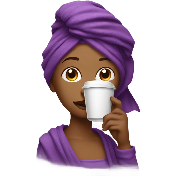 beautiful girl with a purple towel on her head drinks coffee emoji