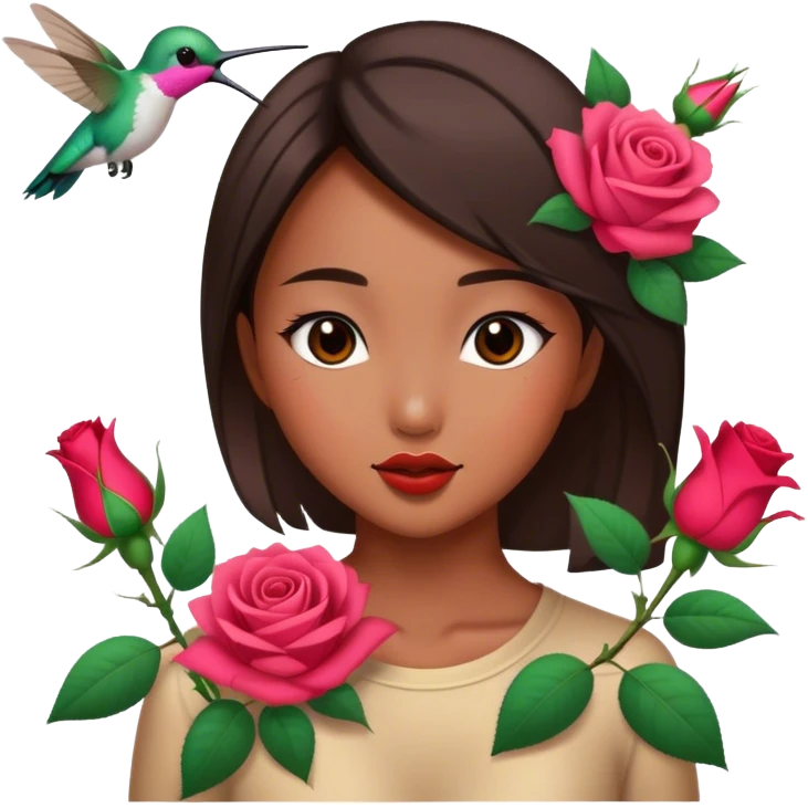 Asian girl humming bird roses emoji