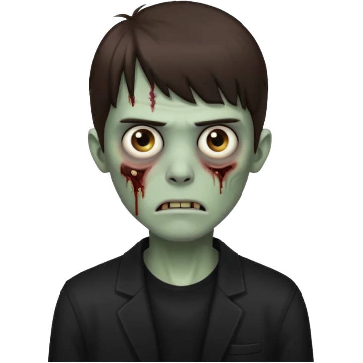 a zombie with dark circles under his eyes and medium brown hair with straight bangs, wearing black clothes
 emoji