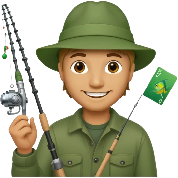 A man holding a fishing rod with a green card on the hook emoji