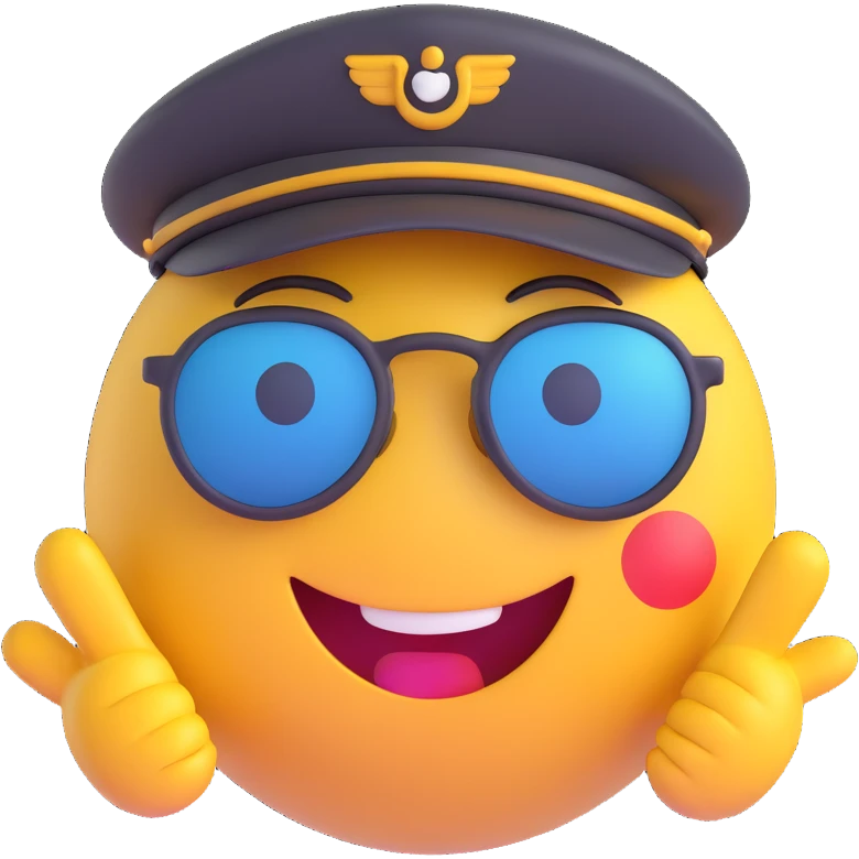 3D smiley emoji, round shape, pilot: pilot hat, sunglasses, funny face emoji