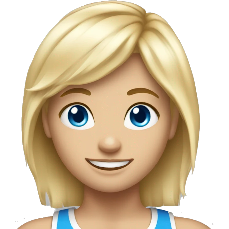 blonde muscular gym girl with blue eyes, fringe and sweet smile emoji