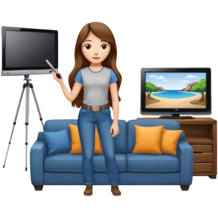beautiful girl with long brown hair constructing new lounge room area with flat screen tv and couch emoji