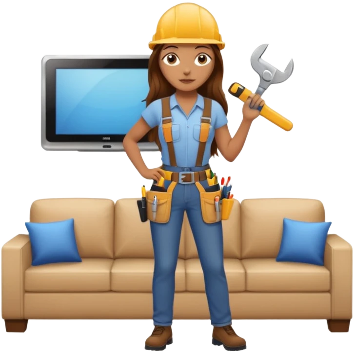beautiful girl with long brown hair constructing new lounge room area with flat screen tv and couch emoji