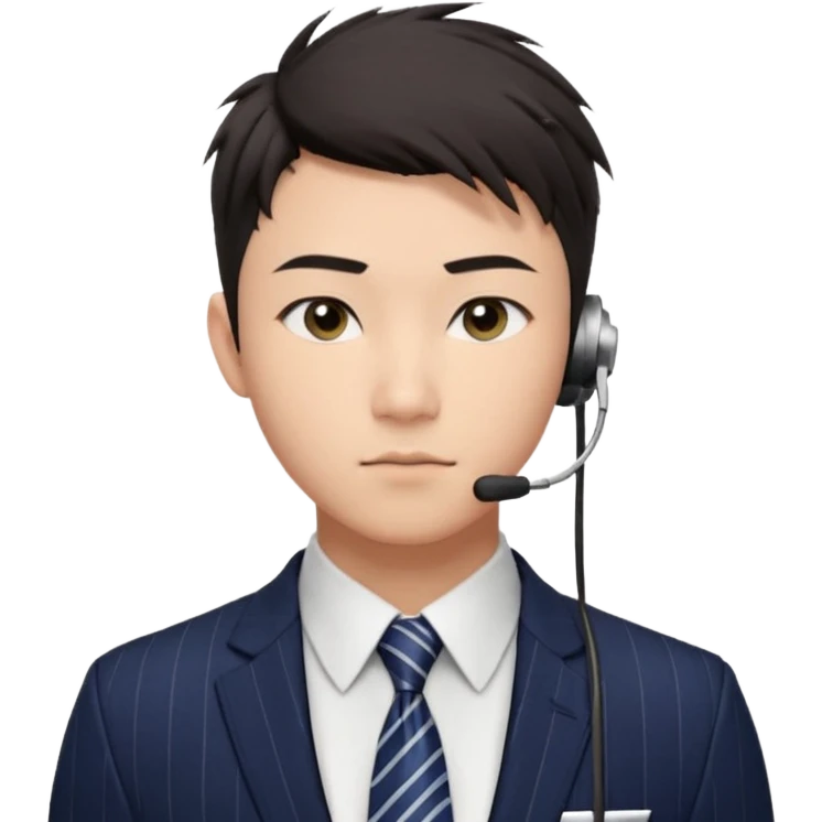 gay young Asian man with light skin, short dark hair styled upward with a sharp spiked swoop in front, slightly narrowed almond-shaped eyes with a confident, knowing squint, very squinty a clean-shaven face, and a sleek single-ear headset, wearing a dark pinstripe suit with a patterned shirt tie emoji