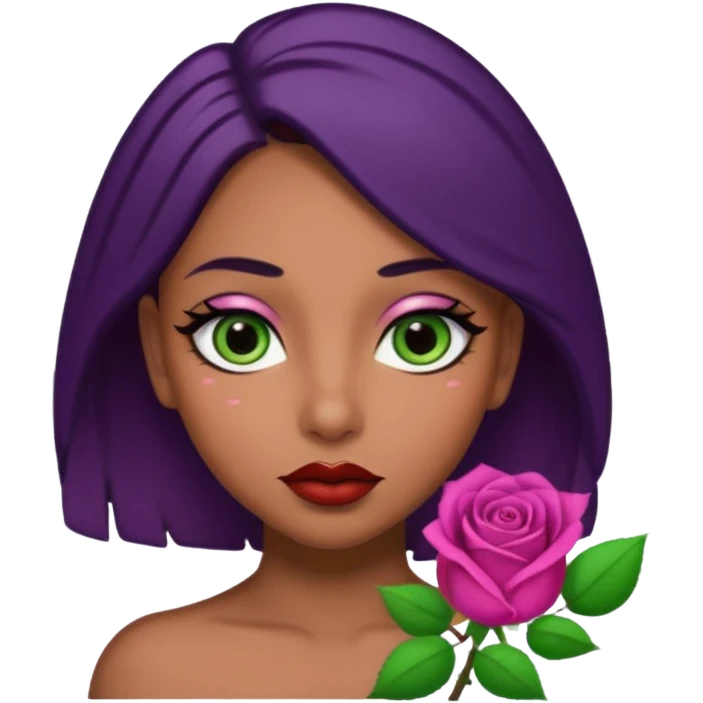 Big brown Puerto Rican skin colored dildo inside a juicy mouth that has lips shaped like rose buds  with blackish purple hair and Italian skin color with green almond shapes eyes, magical mouth with of mouth  emoji