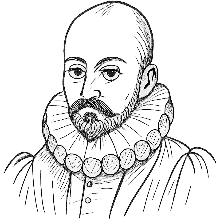 a hand drawn black outline portrait of philosopher Montaigne with similar-sized eyes based a famous portrait of him emoji