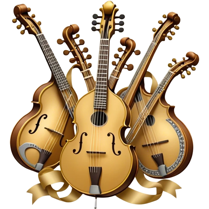 Create a grand, heraldic-style emoji collage representing plucked string instruments. The design should resemble a majestic emblem, featuring a collection of iconic instruments such as a banjo, mandolin, domra, sitar, and other plucked string instruments. Arrange the instruments symmetrically, with their necks and strings intertwining gracefully like a coat of arms. A flowing ribbon of musical notes should elegantly weave through the instruments, creating a sense of harmony and movement. The emblem should have a luxurious, golden and bronze color palette with intricate decorative elements, adding depth and a professional touch. Subtle lighting effects should highlight the polished wood and metal strings of the instruments. The background should be transparent, making the design adaptable for various uses emoji