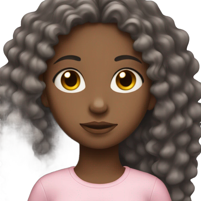 Black girl with long curly hair, her eyes closed and wearing baby pink emoji