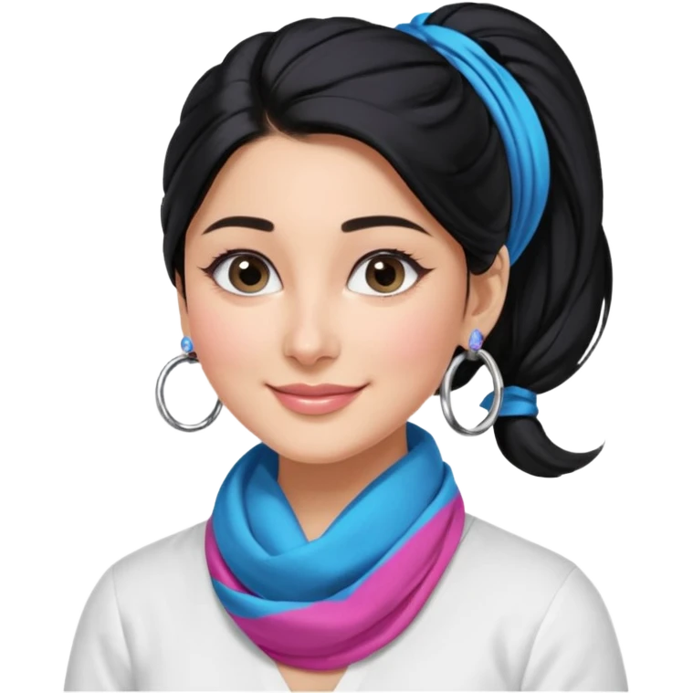 generate a pretty bratz emoji 
Make her wear a white shirt with a colorful blue-pink scarf wrapped around her neck. smiling big. Black hair tied into a side part ponytail, silver hoops and no necklace

She should look exactly  like Kareena Kapoor. kajal under eyes emoji