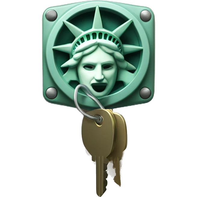 ignition switch with key in off position and statue of liberty diadem in background directly behind it emoji