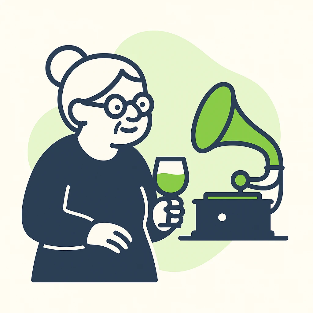 old lady with wineglass listening to gramophone emoji