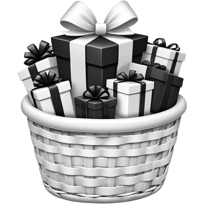 big white gift basket with lots of gifts inside the gift basket, and the gifts are black and white no other colors emoji