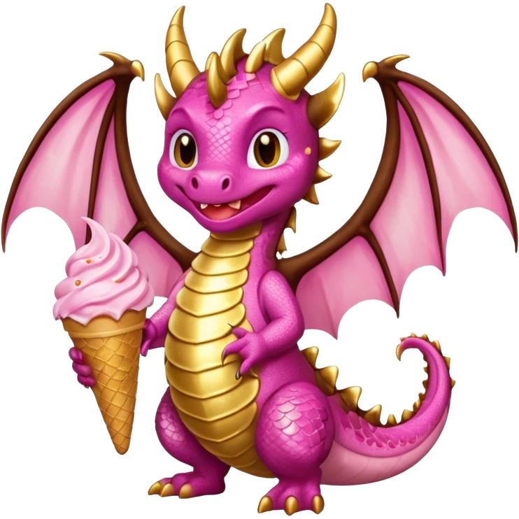 A dragon with its shiny glittered wings in pink tones and pink and gold legs, eats vanilla and chocolate ice cream emoji