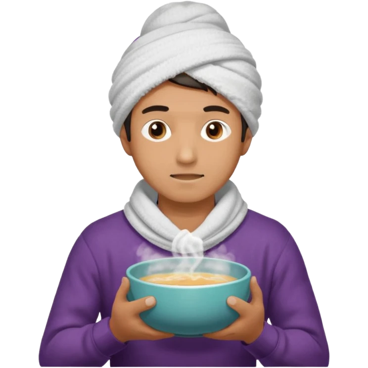 чоловік що дихає парою над мискою в теплій кофті і з полотенцем на голові висить з лівої сторони на праву, двома руками тримаючи миску emoji