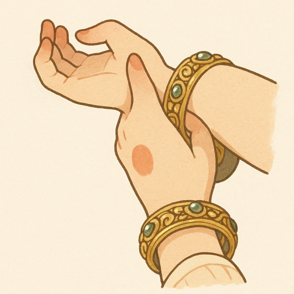 Convert this image of hands with ornate bangles into a delicate Ghibli-style emoji, focusing on soft colors and detailed bangles with a gentle, illustrative touch. emoji