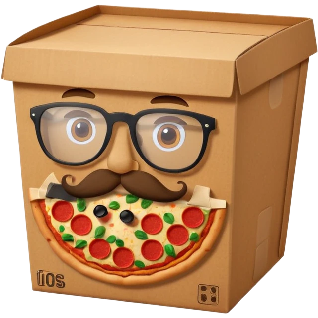 pizza take-out carton with glassess and mustache emoji