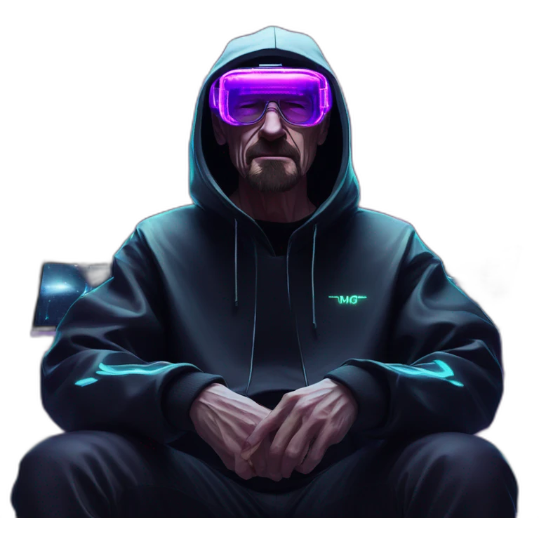 Walter White wearing a black hoodie with "OMG" letters on it and VR headset in a cyberpunk VR environment with violet neon lighting. emoji