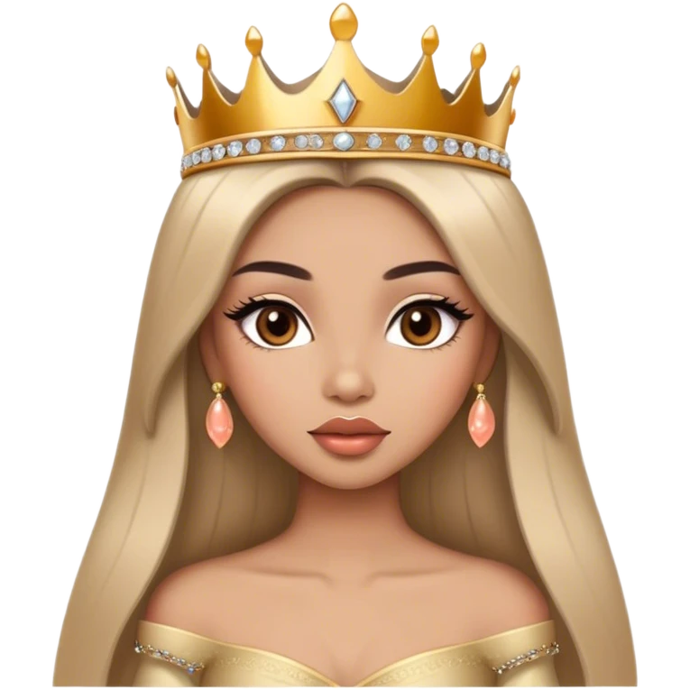 Glamourous princess, light brown skin tone, very beautiful girl, with big plump peach-beige lips, long long lashes, black straight smooth silky long hair, straight parting hair, brown eyes, gold tiara emoji