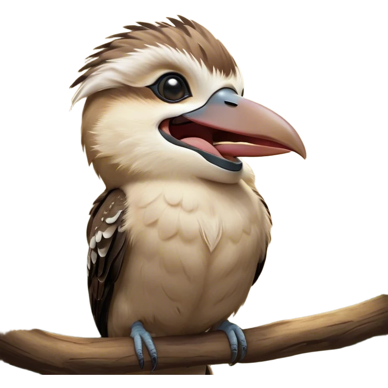 Cinematic Cute Yawning Kookaburra Portrait Emoji, Head tilted slightly with a dramatic, wide-open yawn, showcasing a soft, downy brown plumage with gently drooping wings and a relaxed beak, round eyes barely open in drowsy contentment, Simplified yet irresistibly adorable features, highly detailed, glowing with a soft, cozy glow, high shine, relaxed yet expressive, stylized with a touch of bushland charm, bright and endearing, soft glowing outline, capturing the essence of a sleepy yet affectionate kookaburra, so drowsy it feels like it could flutter out of the screen and curl up for a nap! emoji