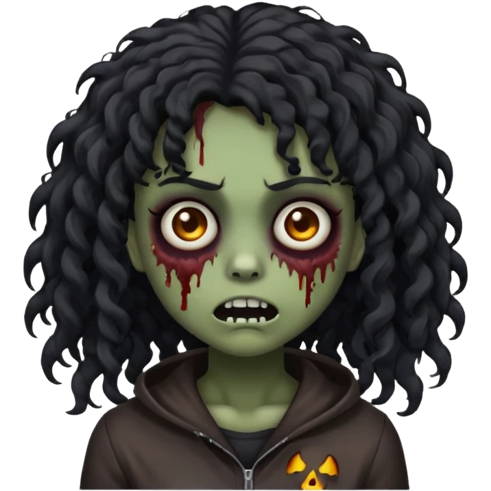 spooky zombie girl emoji, black curly medium-long hair, emo, shaggy, dark, creepy expression emoji