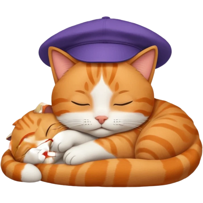 emoji of sleeping cat,it has on his head FedEx delivery cap emoji