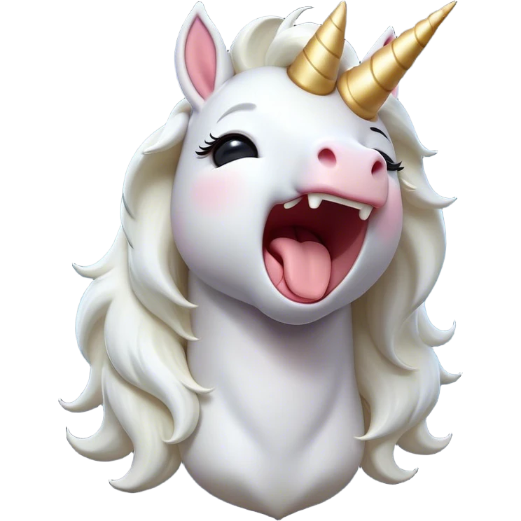 Cinematic Cute Yawning White Unicorn Portrait Emoji, Head tilted slightly with a dramatic, wide-open yawn, showcasing a softly elegant form with a gently cascading mane, a subtly glowing horn and sleepy, half-closed eyes, Simplified yet irresistibly adorable features, highly detailed, glowing with a soft, cozy magical glow, high shine, relaxed yet expressive, stylized with a dash of whimsical enchantment, soft glowing outline, capturing the essence of a drowsy yet affectionate white unicorn that appears ready to stretch and yawn its way out of the screen! emoji