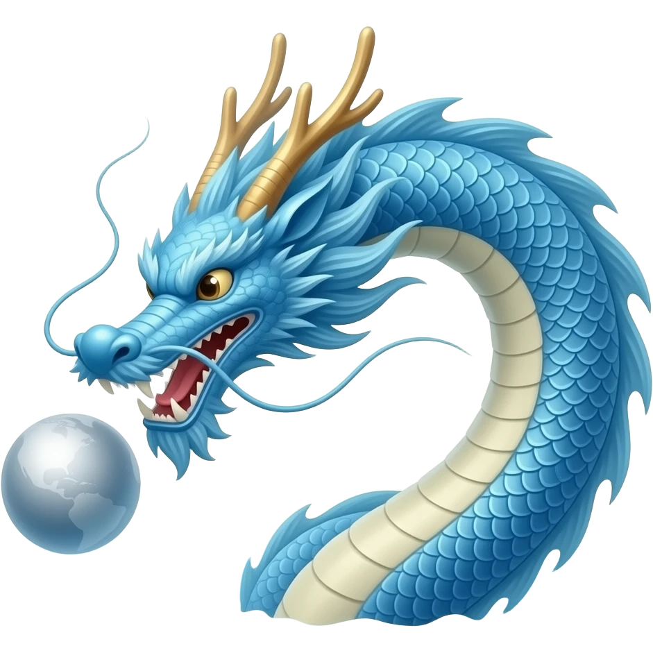 A long blue Chinese serpentine dragon emerges from the sea and hovers above the surface, playing with the silver planet. emoji