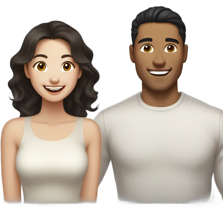 A pale half Asian man with short dark hair and amber eyes laughing with a white woman with long wavy brunette hair and dark hazel eyes. They love each other a lot And have good fashion taste and are hugging each other tight  emoji