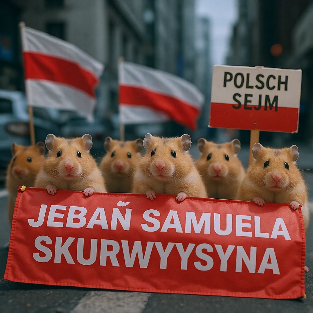 Cinematic shot of a group of hamsters takes over polish sejm. some of them has signs with "jebać samuela skurwysyna". emoji