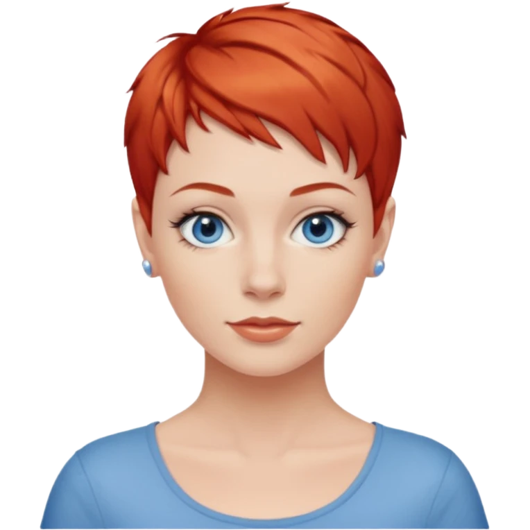 27 year old white woman, red hair, pixie cut, blue eyes emoji