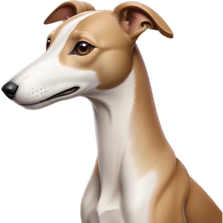 Cinematic Noble White and Brown Greyhound Portrait Emoji, Poised and regal, with a slender, aerodynamic build and a sleek Fur of pristine white accented by warm brown markings, deep-set soulful eyes, Simplified yet sharp and sophisticated features, highly detailed, glowing with a soft, dignified glow, high shine, intelligent and agile, stylized with an air of elegance, focused and attentive, soft glowing outline, capturing the essence of a watchful and swift companion, so majestic it feels as though it could dash out of the screen with effortless authority! emoji