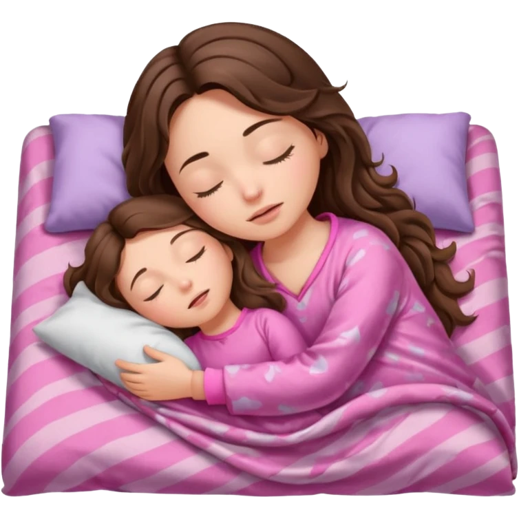 girl brunette inside a blanket sleeping  eyes closed with long  brown wavy hair and pink pjs emoji
