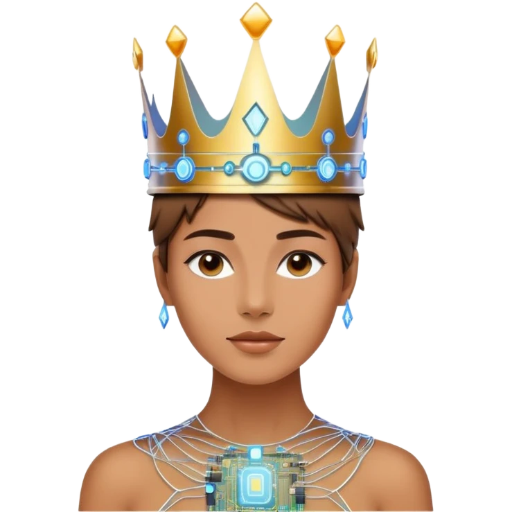 modern person wearing crown made of glowing circuits and holographic elements. The crown has a clear, elegant space in the center front for placing a logo.  emoji