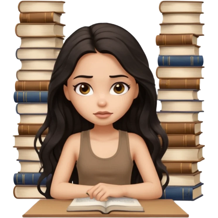 a pretty bratz light dusky girl with long wavy black hair in a brown tank top studying and lookinh tired with stacks of books and papers emoji